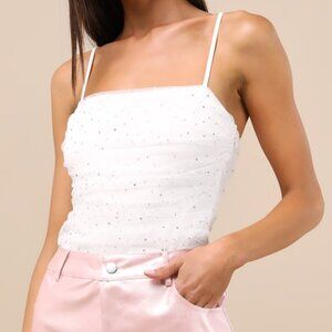 Lulus Andreina White Rhinestone Mesh Ruched Bodysuit - Size XS